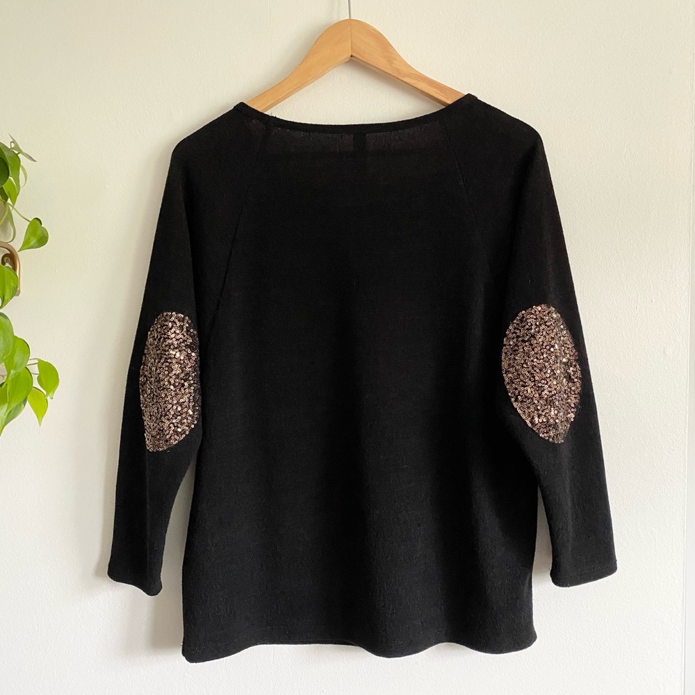 Black Pocket Knit Top Sequin Elbow Patches